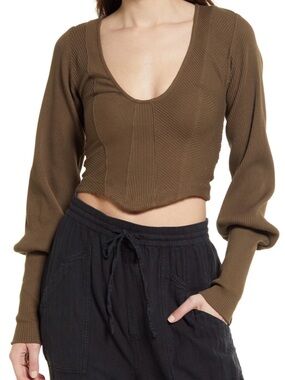 Free People Brown Ribbed Scoop-Neck Women's Top